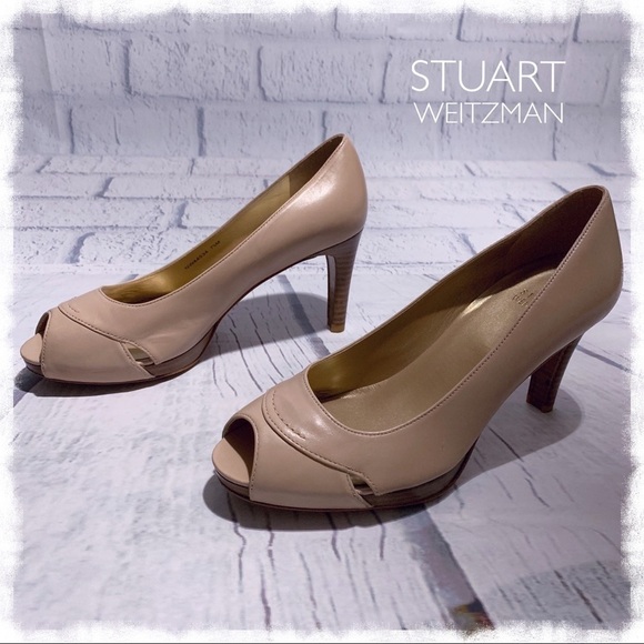 Stuart WEITZMAN Overit Nude Leather Peep Toe Pumps - Picture 1 of 8